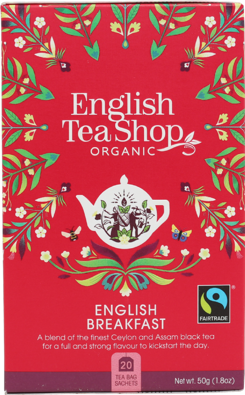 English Tea Shop Organic English Breakfast tea box on a red background with floral designs