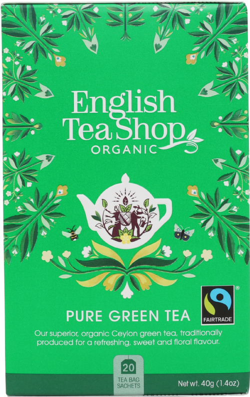 Green box of English Tea Shop organic pure green tea with branding and certification logos.