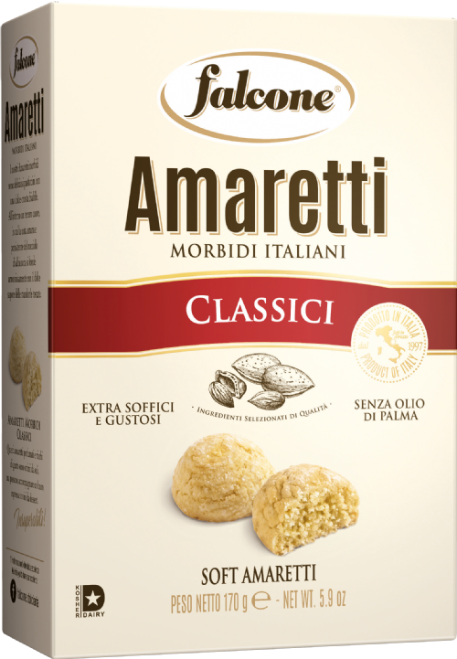 Box of Falcone Classic Soft Amaretti Morbidi Italiani biscuits, 170g , made with selected quality ingredients and no palm oil.