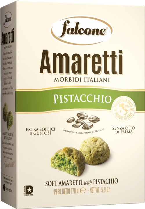 Box of Falcone Amaretti Pistacchio cookies with branding and product details.