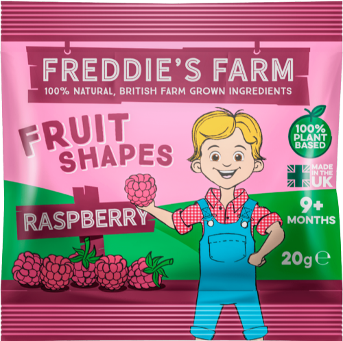 Freddie's Farm raspberry fruit shapes packaging with a cartoon character holding raspberries.