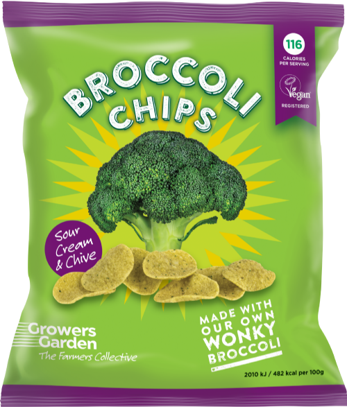 Green packaging of broccoli chips with a broccoli and chips illustration on a white background