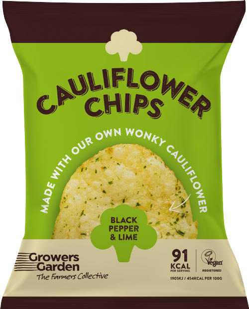 Packaging of Cauliflower Chips with green and brown design