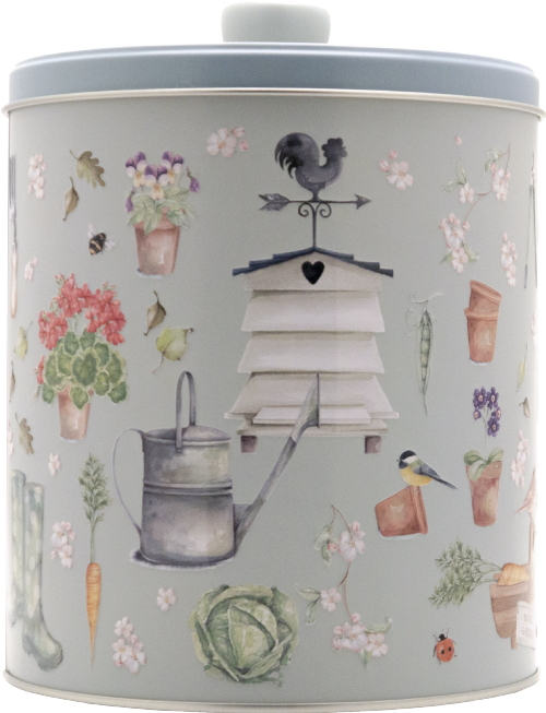 Decorative tin canister with garden-themed illustrations on a light blue background