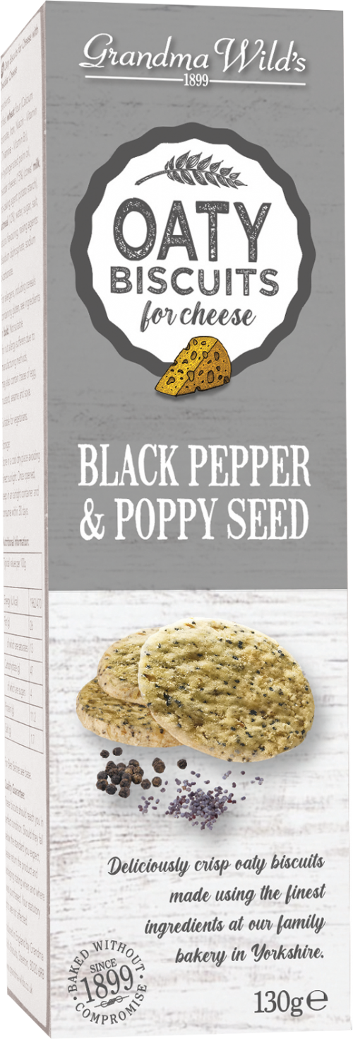 Box of Oaty Biscuits for cheese with black pepper and poppy seed flavor on a white background.