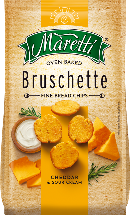 Packaging of Maretti oven baked bruschette fine bread chips with cheddar and sour cream flavor.