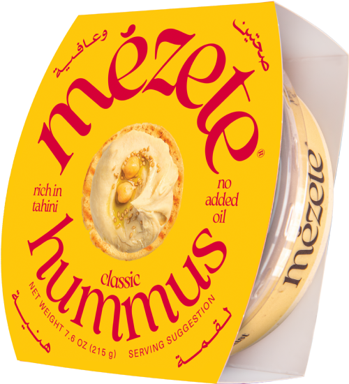 Mezele classic hummus container with yellow label and red text