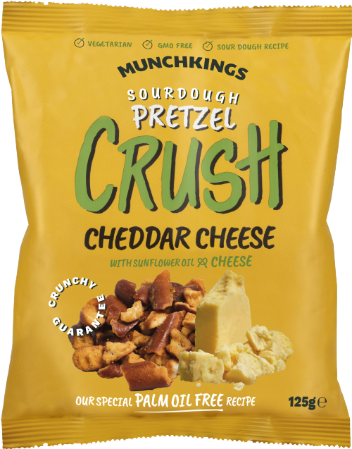 Munchkings Sourdough Pretzel Crush Cheddar Cheese snack package on a white background