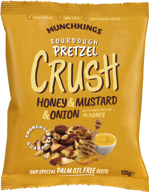 Munchkins Sourdough Pretzel Crush Honey & Mustard & Onion snack package on a white background