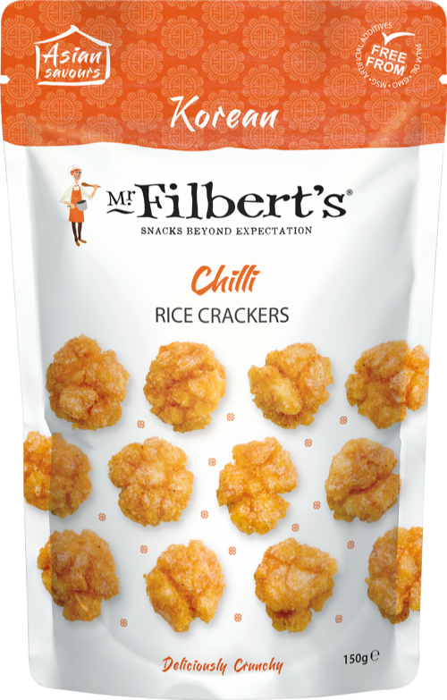 Packaging of Mr Filbert's Chilli Rice Crackers with brand logo and product details.