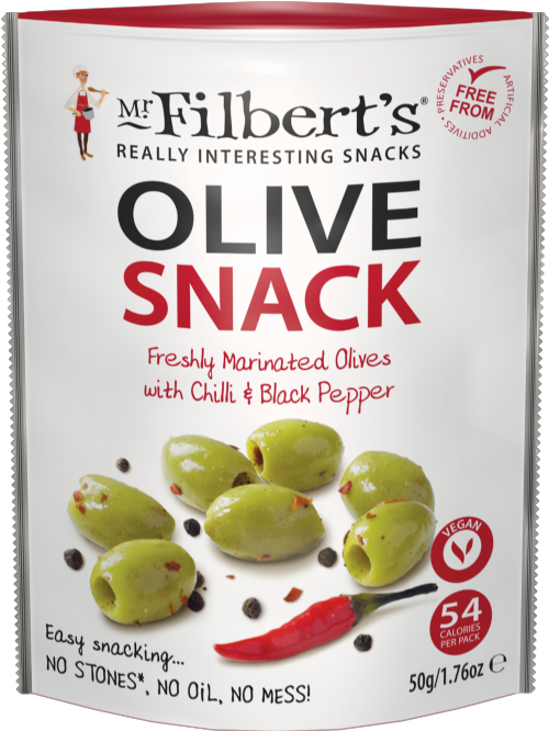 Mr Filbert's olive snack packaging with green olives, red chili pepper, and black pepper on a white background.