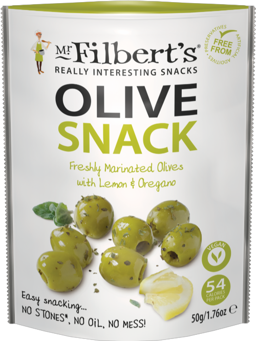 Packaging of Mr Filbert's Olive Snack with green olives on a white background