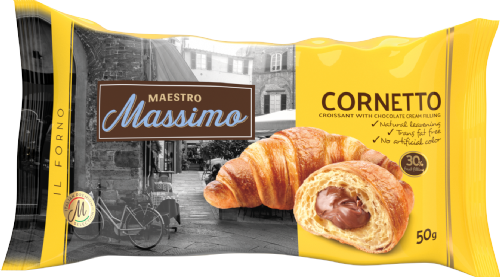 Cornetto ice cream cone packaging with Maestro Massimo branding on a vintage street background