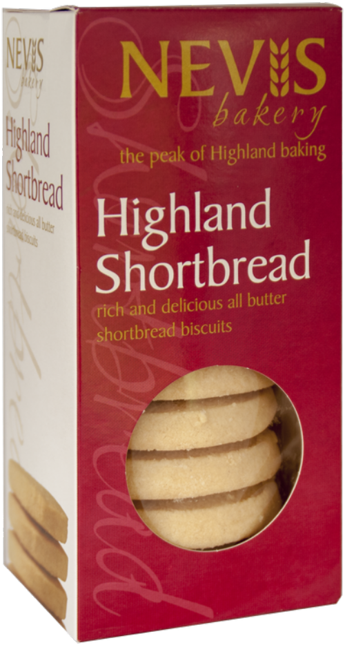 Nevis Bakery Highland Shortbread packaging with red and white design.