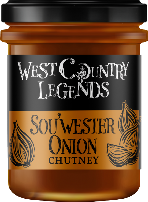 Jar of West Country Legends Sou'wester Onion Chutney with a black lid.