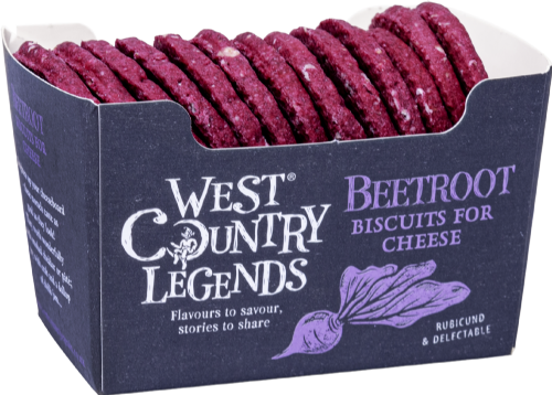 Box of West Country Legends beetroot biscuits for cheese with purple packaging.