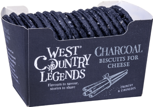 Box of West Country Legends charcoal biscuits for cheese on a white background