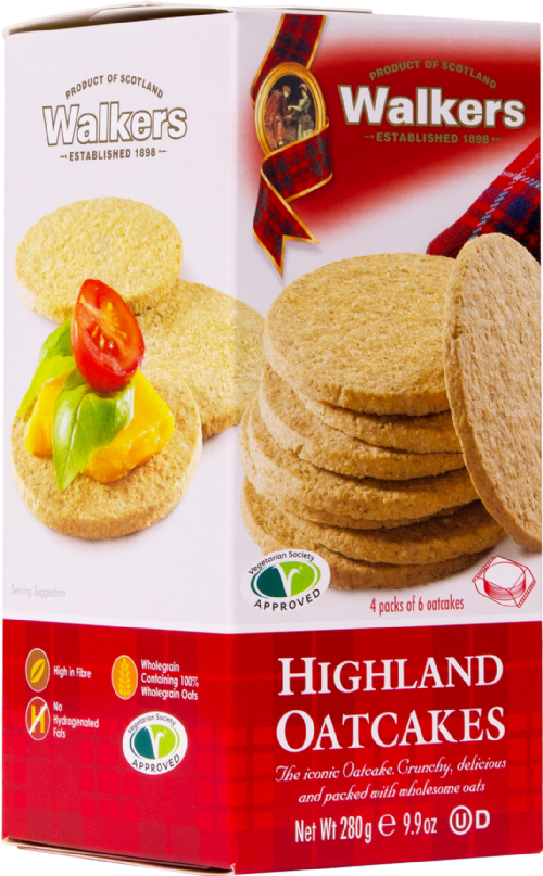 Box of Walkers Highland Oatcakes with a visual of the product on a white background