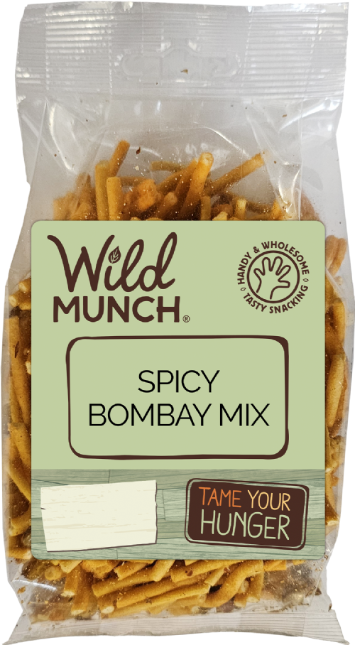 Packaged snack mix labeled 'Spicy Bombay Mix' by Wild Munch on a white background.