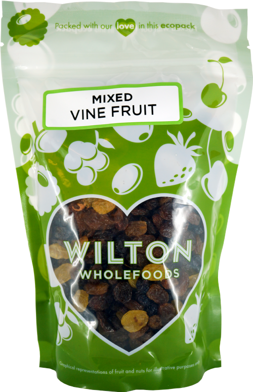 Green package of Mixed Vine Fruit by Wilton Wholefoods on a white background