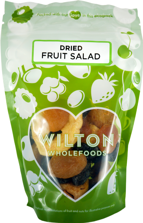 Green package of Wilton Wholefoods dried fruit salad with a clear window showing the contents.