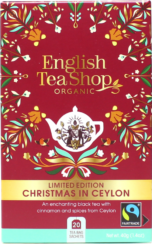 English Tea Shop organic tea package with festive design on a red background