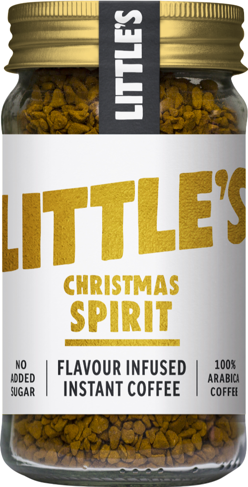 Jar of 'Little's Christmas Spirit' instant coffee with gold lid and label.