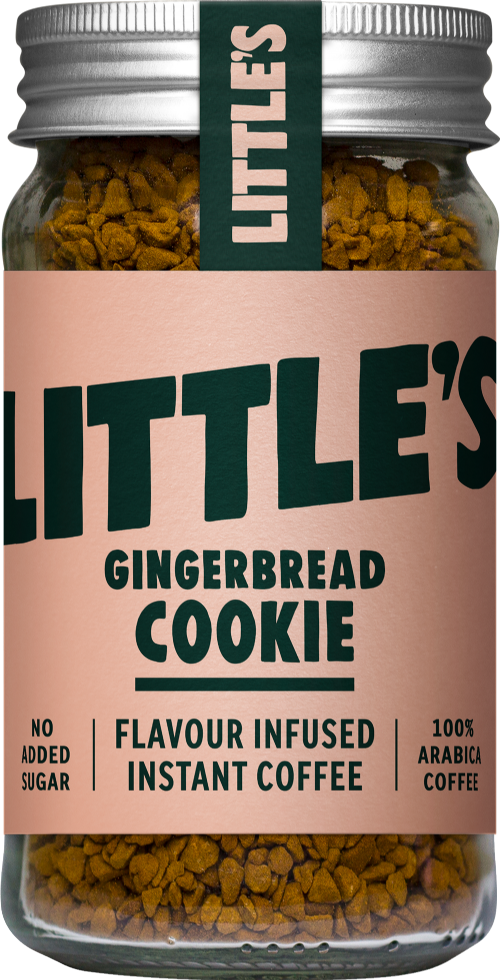 Jar of Little's Gingerbread Cookie flavored instant coffee with a pink label.