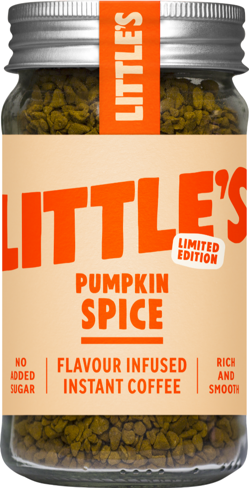 Jar of Little's Pumpkin Spice instant coffee with an orange label.