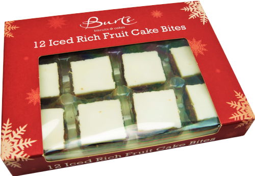 Box of Burt's Iced Rich Fruit Cake Bites with red packaging and snowflake designs.