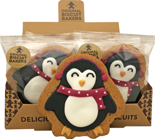 Penguin-shaped cookies with a pink scarf in a packaging box labeled 'Original Biscuit Bakers'.