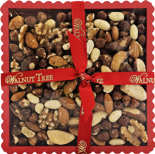 Assorted nuts in a decorative box with a red ribbon, branded 'Walnut Tree'.