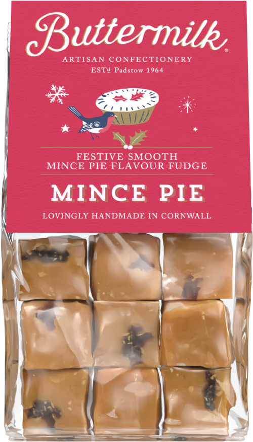 Pack of Buttermilk Mince Pie Fudge with a red label