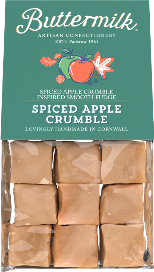 Pack of Buttermilk Spiced Apple Crumble fudge with a green label