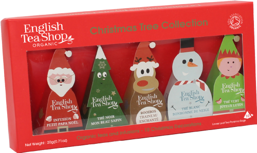 English Tea Shop Christmas Tree Collection packaging with festive characters on a red background