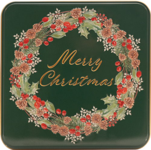Decorative Christmas tin with wreath design and 'Merry Christmas' text on a green background