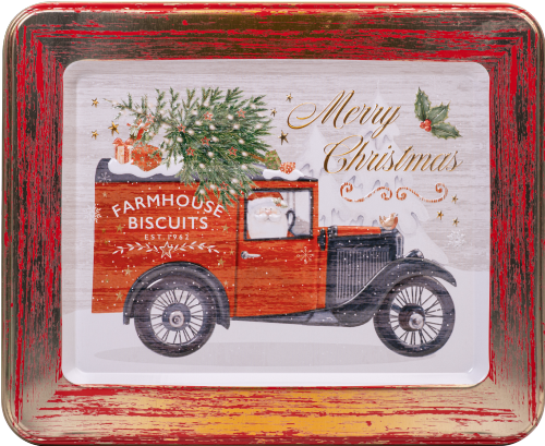 Decorative Christmas tin with a vintage truck design and 'Merry Christmas' text.