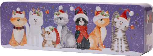 Long rectangular Christmas tin with a purple background, decorated with a line of seven different cats and kittens wearing Santa hats and reindeer antlers in a snowy scene.