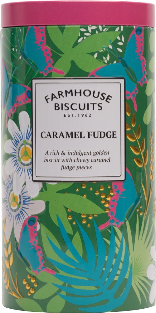 Farmhouse Biscuits Caramel Fudge packaging with floral design