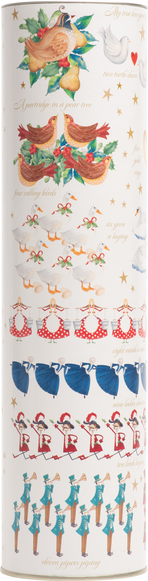 Decorative cylindrical container with colorful patterns on a white background