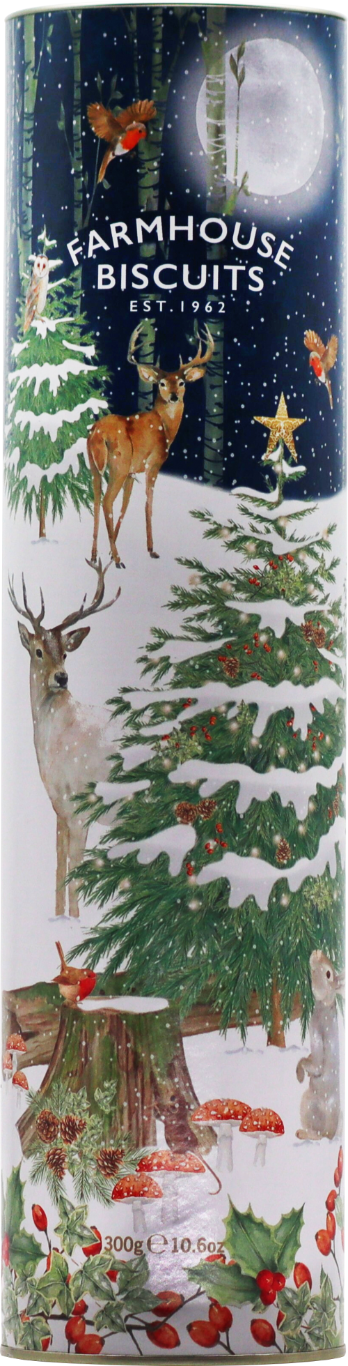 Farmhouse Biscuits packaging with winter scene design featuring deer and trees.