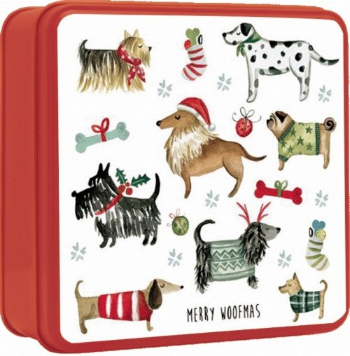Decorative tin with illustrations of dogs and holiday-themed elements on a white background.