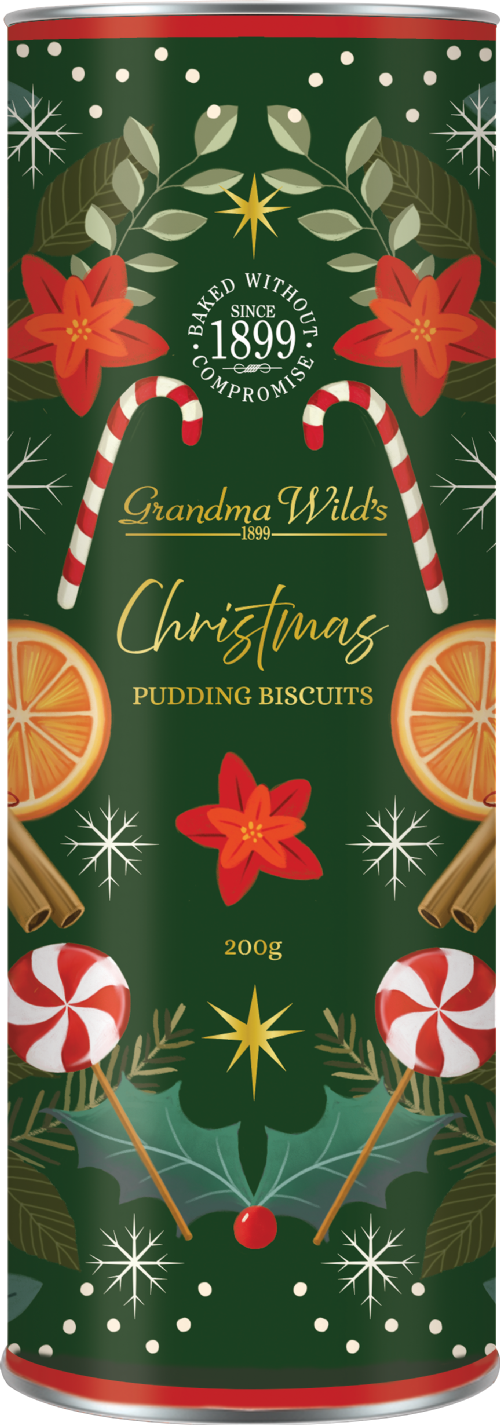 Canister of Grandma Wild's Christmas Pudding Biscuits with festive design