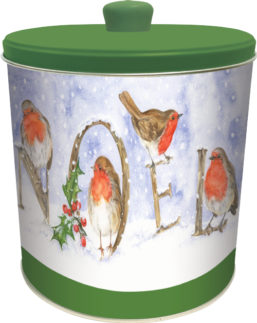 Decorative storage jar with Christmas robin design and green lid