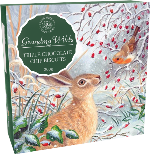 Biscuit package with a rabbit and bird illustration on a snowy background