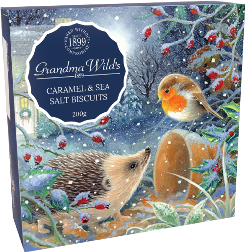Biscuit package with winter scene design featuring a hedgehog and robin, branded 'Grandma Wild's'.