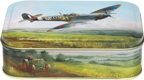 Tin box with a vintage airplane and tractor design on a landscape background