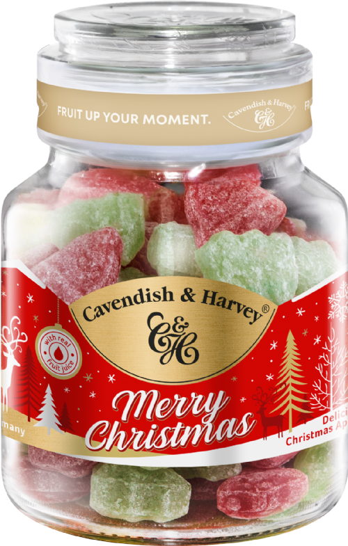 Jar of Cavendish & Harvey Christmas-themed gummy candies with festive label.