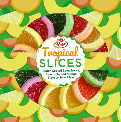 Tropical Slices jelly packaging with colorful fruit slices on a green background
