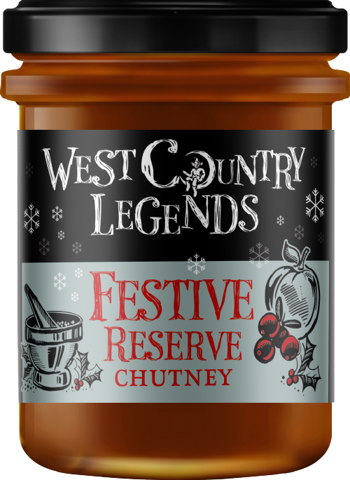 Jar of West Country Legends Festive Reserve Chutney with a black lid
